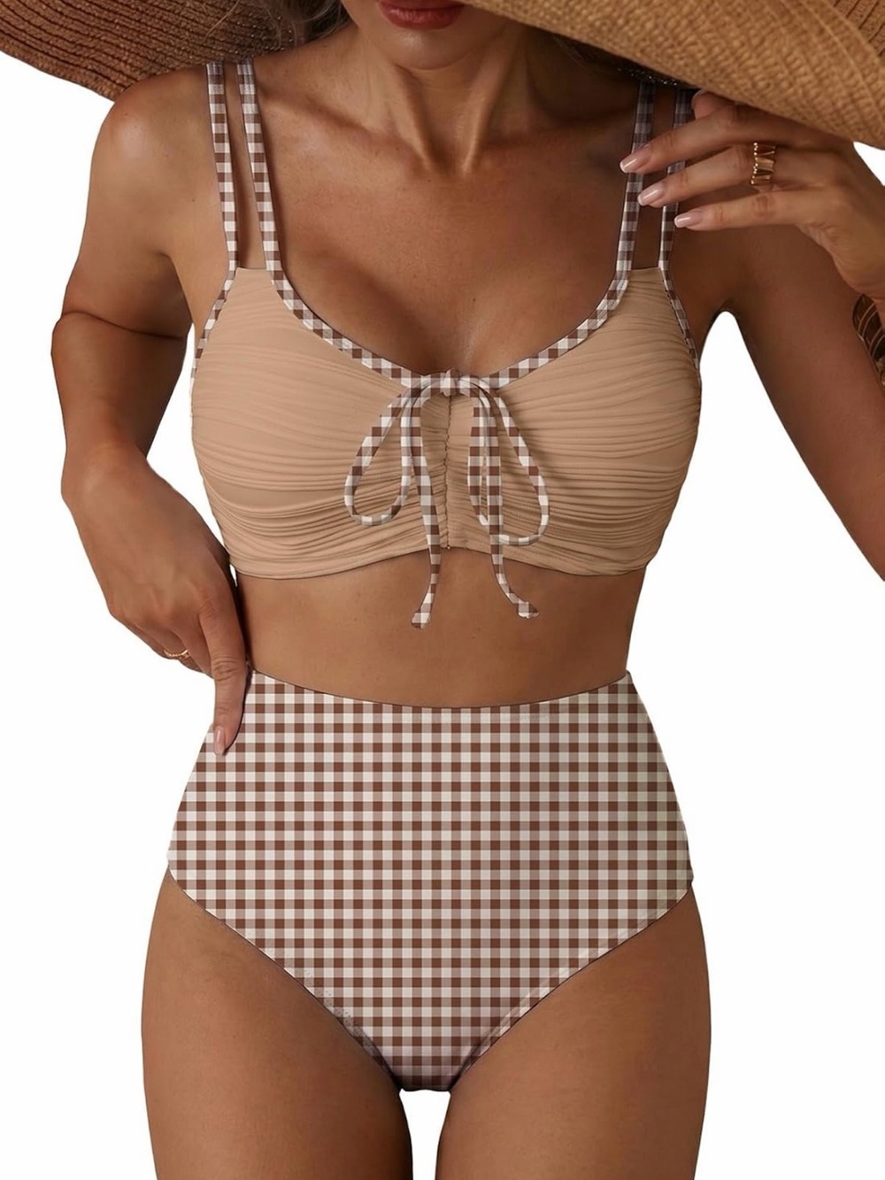 Ruched Tie-Front High-Waist Bikini Set - Taupe Gingham